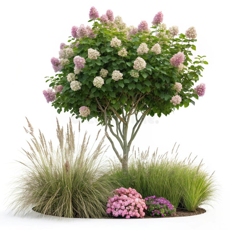 Δέντρο Hydrangea και χόρτο διαφόρων σχημάτων απομονωμένα σε λευκό φόντο απεικόνιση αποθεμάτων