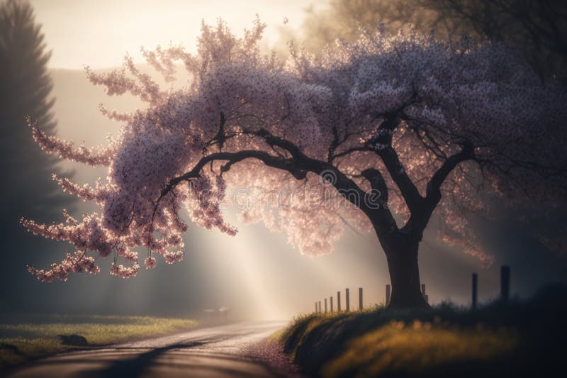 Blooming sakura tree. Spring nature. Delicate pink flowes. Morning fog. Japanese cherry blossoms. AI generated. Blooming sakura tree. Spring nature. Delicate pink flowes. Morning fog. Japanese cherry blossoms. AI generated