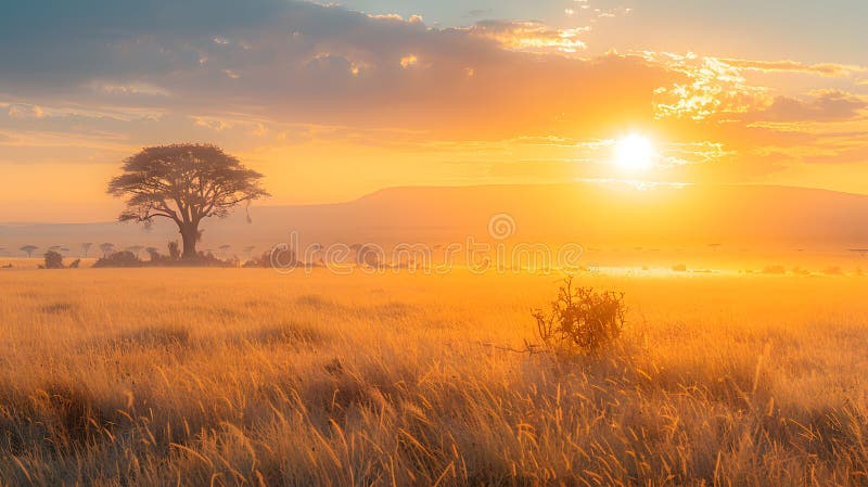 The red sky at morning fades as the sun sets over the natural landscape, casting a warm glow on the field with a tree in the foreground AI generated. The red sky at morning fades as the sun sets over the natural landscape, casting a warm glow on the field with a tree in the foreground AI generated