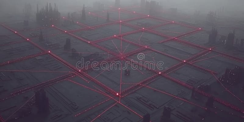 Δίκτυο Futuristic Cityscape Network Cyberpunk City Aerial View Red Lines ελεύθερη απεικόνιση δικαιώματος