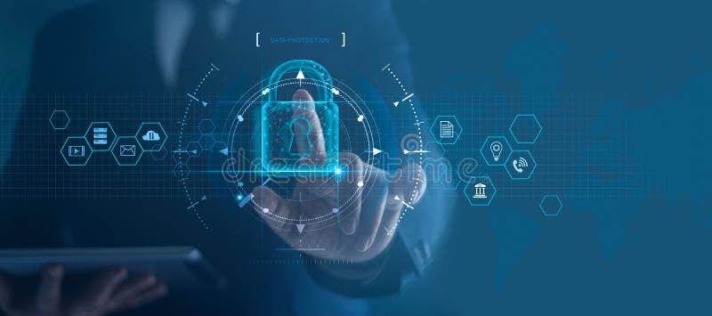 Δίκτυο ασφάλειας Cyber Εικονίδιο λουκέτων και δικτύωση τεχνολογίας Διαδικτύου Επιχειρηματίας που προστατεύει τη προσωπική πληροφο στοκ φωτογραφία με δικαίωμα ελεύθερης χρήσης