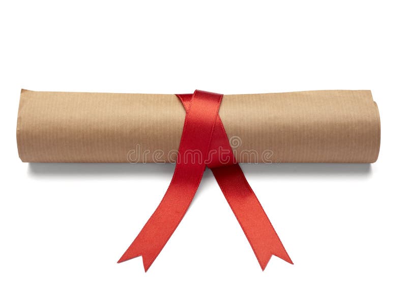 Close up of a diploma with red ribbon on white background with clipping path. Close up of a diploma with red ribbon on white background with clipping path