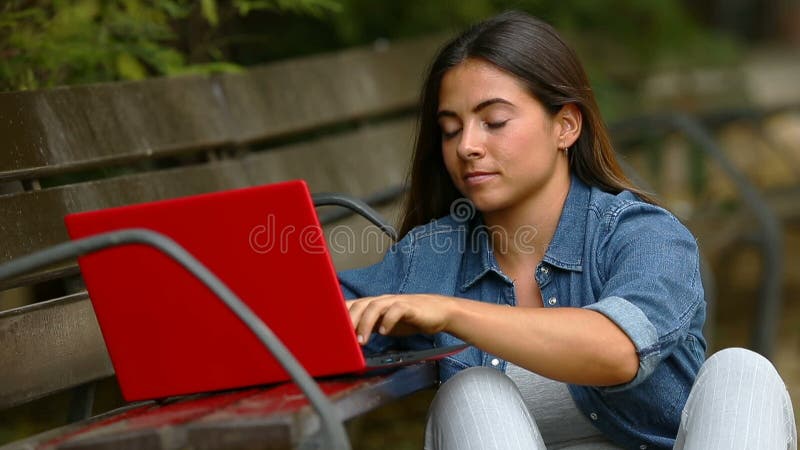 Δακτυλογράφηση γυναικών ένα lap-top σε ένα πάρκο απόθεμα βίντεο