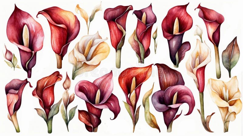 Set of watercolor calla lilies. delicate hand drawn wedding flowers. Set of watercolor calla lilies. delicate hand drawn wedding flowers