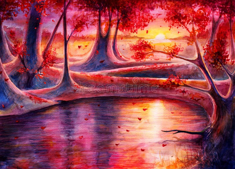Δασικό τοπίο φθινοπώρου Watercolor με το ηλιοβασίλεμα, συρμένη χέρι ζωγραφική, τέχνη φαντασίας με τη φύση, όμορφο υπόβαθρο από το στοκ εικόνες