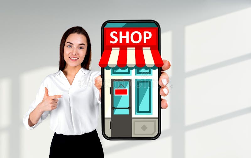 δείκτης επιχειρηματία στο smartphone με ηλεκτρονικό κατάστημα. κινητή στοκ φωτογραφία
