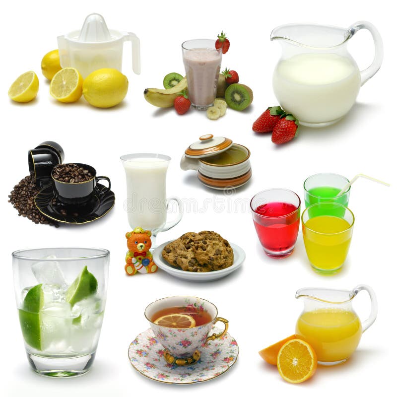 Sampler of various Beverages on white with clipping path. Sampler of various Beverages on white with clipping path
