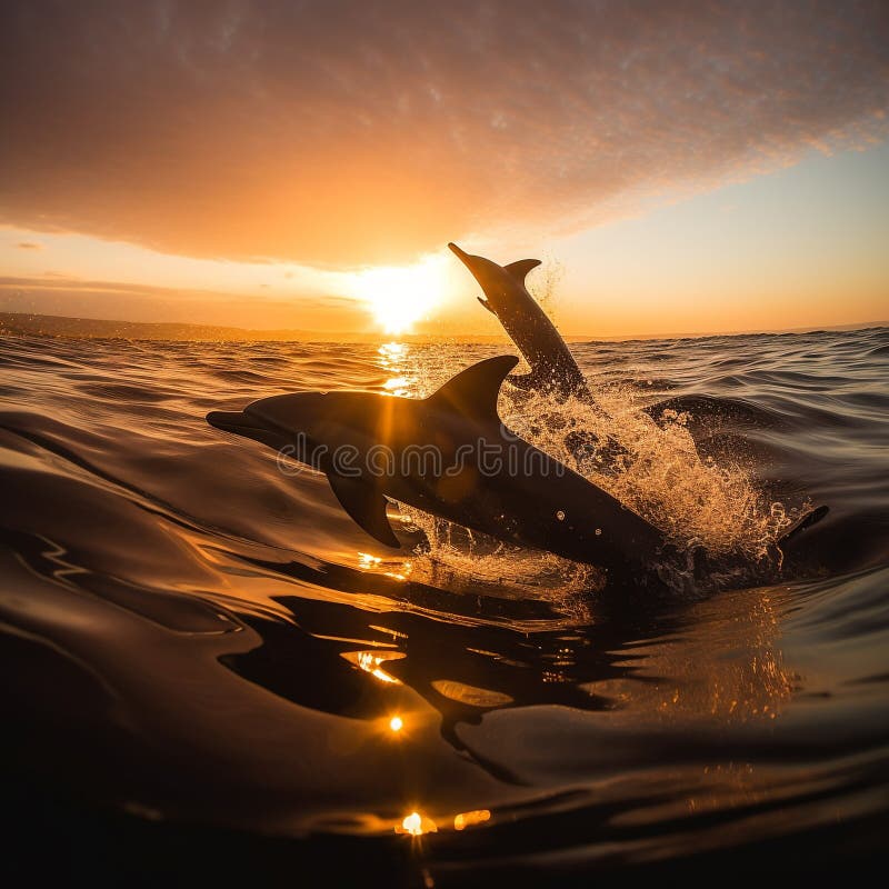 A mesmerizing silhouette shot of a group of dolphins swimming in the ocean at sunrise, highlighting the animal's playful behavior and the beauty of the ocean - AI generative. A mesmerizing silhouette shot of a group of dolphins swimming in the ocean at sunrise, highlighting the animal's playful behavior and the beauty of the ocean - AI generative.