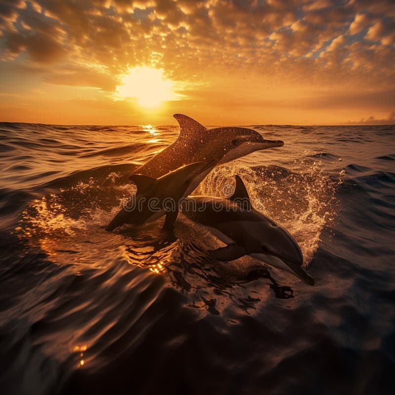 A mesmerizing silhouette shot of a group of dolphins swimming in the ocean at sunrise, highlighting the animal's playful behavior and the beauty of the ocean - AI generative. A mesmerizing silhouette shot of a group of dolphins swimming in the ocean at sunrise, highlighting the animal's playful behavior and the beauty of the ocean - AI generative.