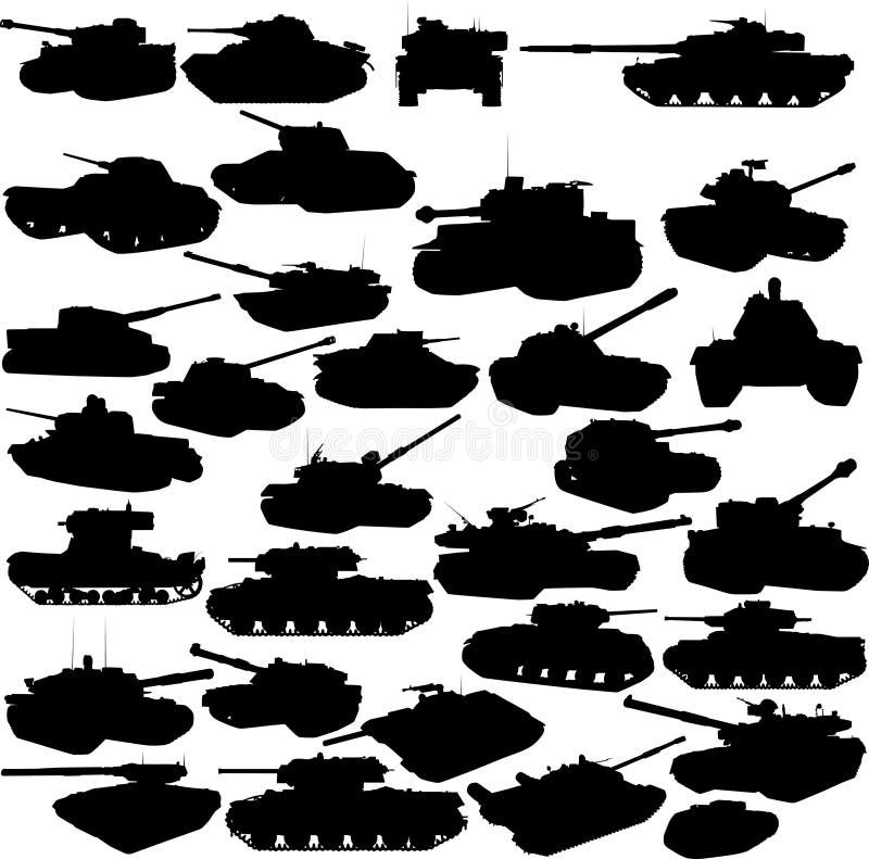 Collection of 30 tanks silhouettes isolated on white. Collection of 30 tanks silhouettes isolated on white