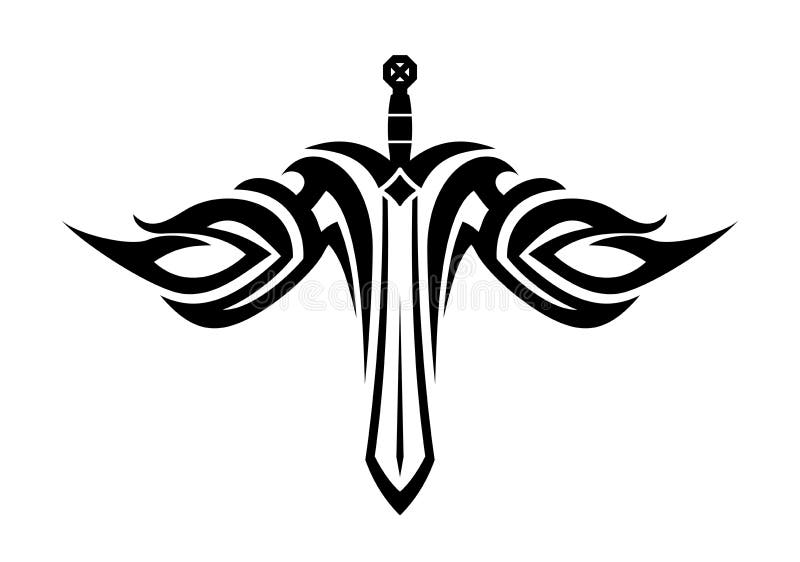 Black and white tattoo of a sharp sword with flowing wings in tribal style. Black and white tattoo of a sharp sword with flowing wings in tribal style