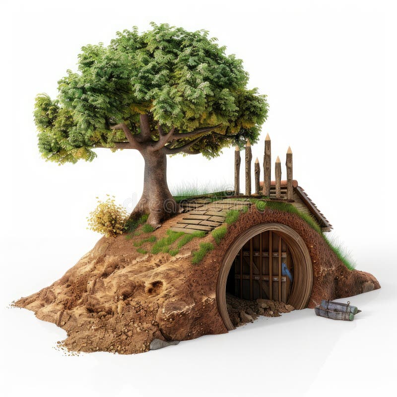 Δεύτερο Σπίτι Με Τρύπα Hobbit Κάτω Από Το Πλούσιο Δέντρο απεικόνιση αποθεμάτων