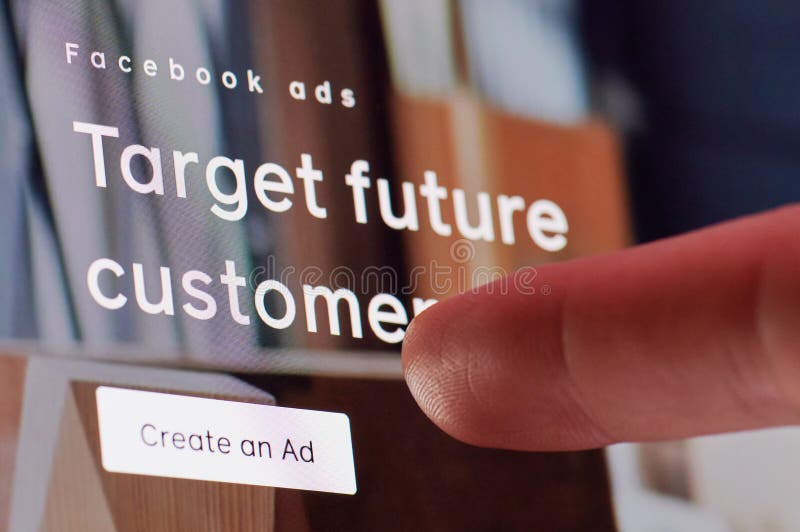 New york, USA - October 27, 2020: Creating ads in facebook service touching screen display close up view. New york, USA - October 27, 2020: Creating ads in facebook service touching screen display close up view