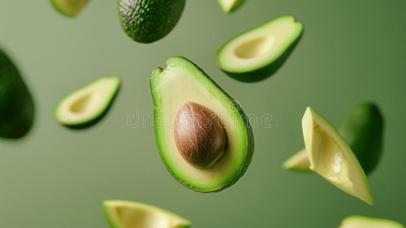 δημιουργική διάταξη με ώριμη πτήση avocado στο πράσινο φόντο. υγιεινή διατροφή τροπικό εξωτικό φρούτο μόδα φαγητό ελεύθερη απεικόνιση δικαιώματος