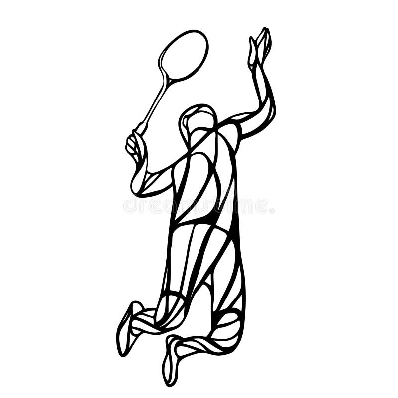 Silhouette of abstract badminton player doing smash shot. Black and white outline professional badminton player. Silhouette of abstract badminton player doing smash shot. Black and white outline professional badminton player.