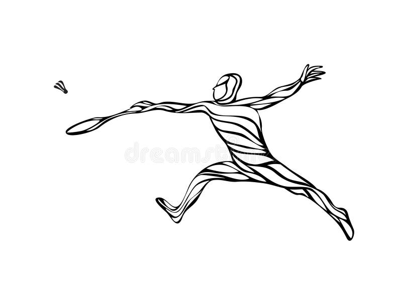 Silhouette of abstract badminton player doing smash shot. Black and white outline professional badminton player. Silhouette of abstract badminton player doing smash shot. Black and white outline professional badminton player.