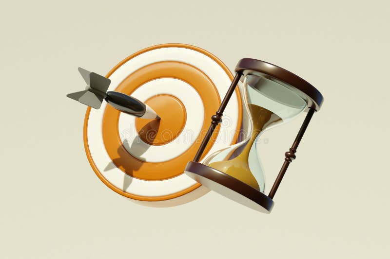 Creative composite 3d collage concept of bullseye center aim target dartboard sand hourglass deadline isolated on beige background. Creative composite 3d collage concept of bullseye center aim target dartboard sand hourglass deadline isolated on beige background.