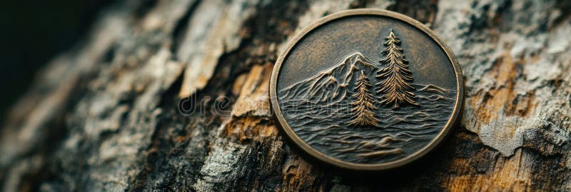 Δημιουργικό αρχαίο νόμισμα με σχέδια πεύκου και βουνού συμβολίζει τη φύση με την ομορφιά και την αξία που περιπλέκουν στοκ φωτογραφία με δικαίωμα ελεύθερης χρήσης