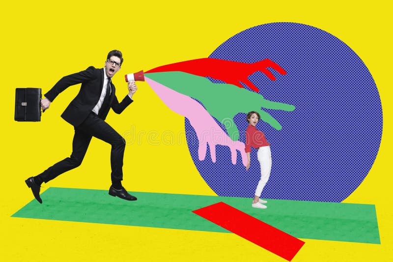 Δημιουργικό κολάζ νεαρών επιχειρηματιών που τρέχουν με μεγάφωνα χέρια προστατεύουν τη γυναίκα στοκ εικόνα