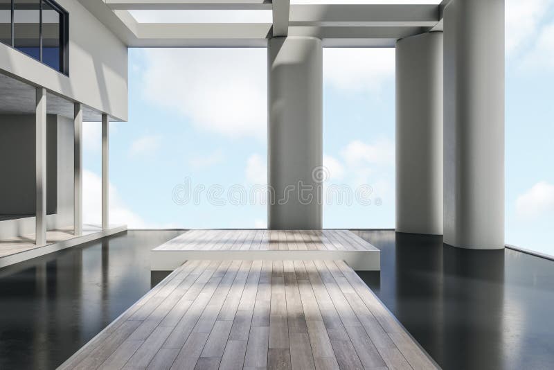 δημιουργικό μοντέρνο τσιμεντένιο γυαλί και ξύλινο ρετιρέ ή εξωτερικό περίβλημα από μπαλκόνι με φωτεινή μπλε θέα. σχεδίαση ελεύθερη απεικόνιση δικαιώματος