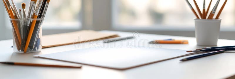 δημιουργικός χώρος εργασίας εγκατάσταση κενή χάρτινη σχεδίαση μολύβια φυσικά ανοιχτόχρωμη οργανωμένη διαδικασία δημιουργίας γραφεί διανυσματική απεικόνιση