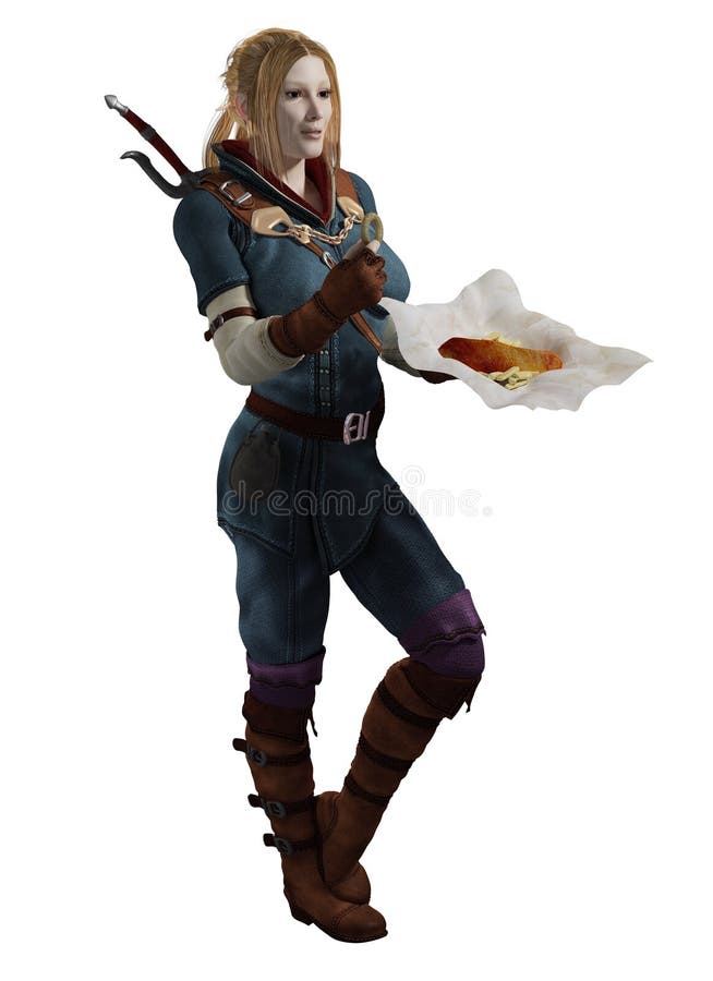 Female fantasy adventurer having a meal break of fish and chips, 3d digitally rendered illustration. Female fantasy adventurer having a meal break of fish and chips, 3d digitally rendered illustration