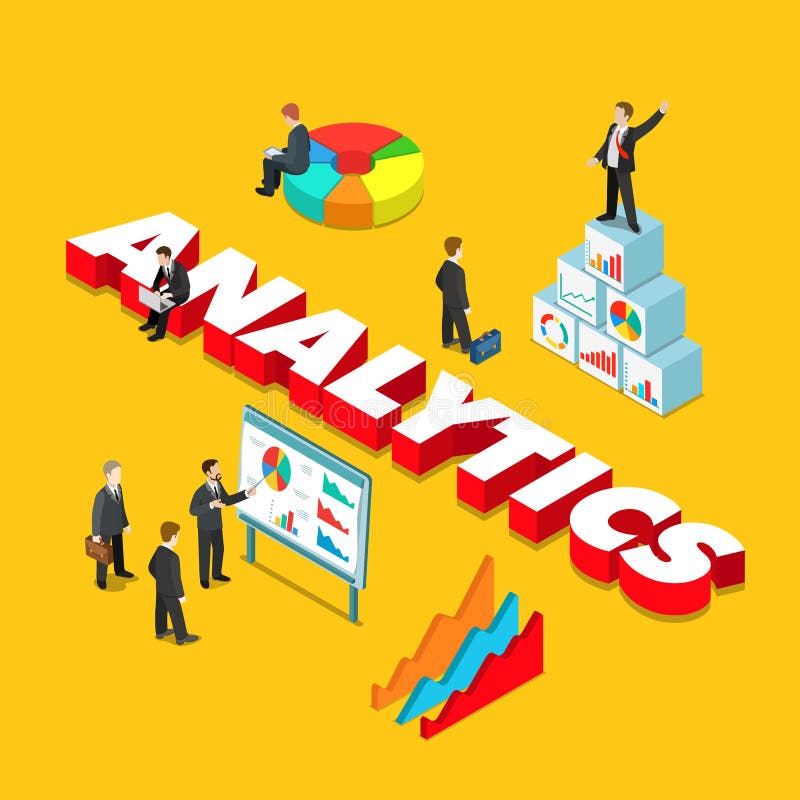 Analytics flat 3d isometric style business corporate finance concept web infographics vector illustration. Businessmen statistics data indicator graphic chart and big word. Creative people collection. Analytics flat 3d isometric style business corporate finance concept web infographics vector illustration. Businessmen statistics data indicator graphic chart and big word. Creative people collection.