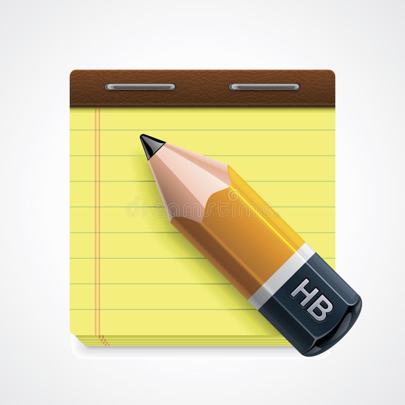 Detailed icon representing yellow pencil on notepad page. Detailed icon representing yellow pencil on notepad page