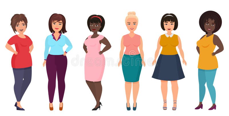 Διάνυσμα συν τη μόδα γυναικών μεγέθους Curvy, υπέρβαρο θηλυκό κορίτσι στα περιστασιακά ενδύματα φορεμάτων διανυσματική απεικόνιση Διάνυσμα συν τη μόδα γυναικών μεγέθους Curvy, υπέρβαρο θηλυκό κορίτσι στα περιστασιακά ενδύματα φορεμάτων διανυσματική απεικόνιση