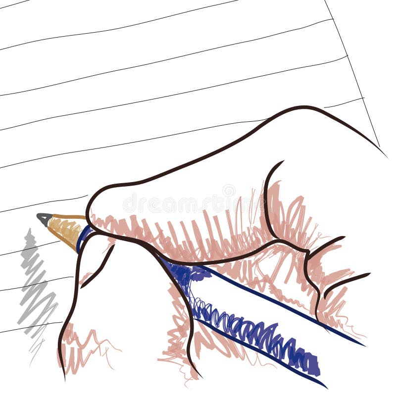 Sketch or drawing of a hand holding a pencil and writing on lined paper. Sketch or drawing of a hand holding a pencil and writing on lined paper.