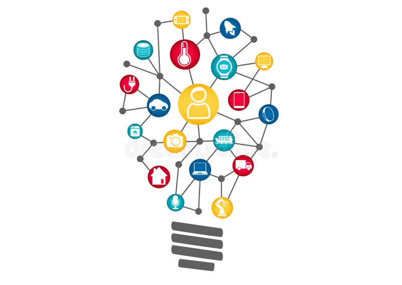 Διαδίκτυο της έννοιας πραγμάτων (IoT) Διανυσματική απεικόνιση της λάμπας φωτός που αντιπροσωπεύει τις ψηφιακές έξυπνες ιδέες, εκμ απεικόνιση αποθεμάτων