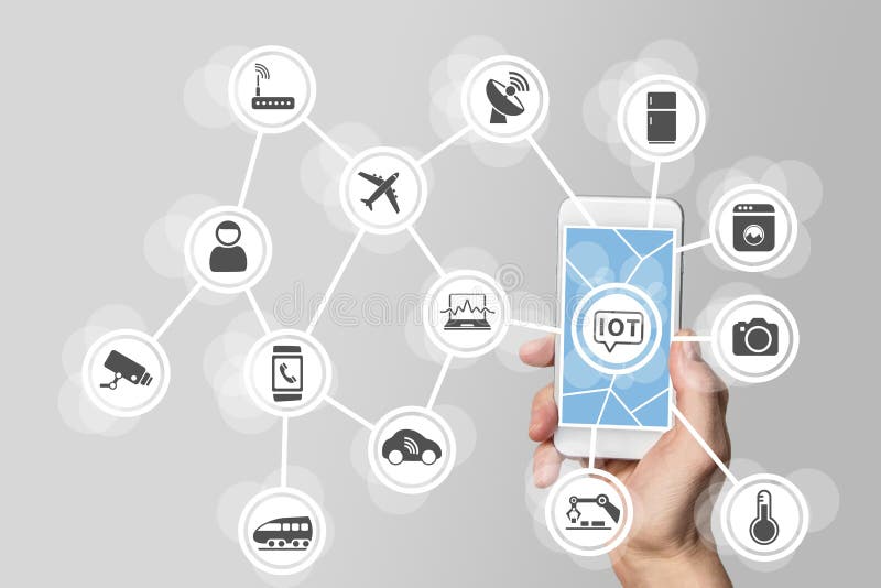 Διαδίκτυο της έννοιας πραγμάτων (IOT) που εμφανίζεται στο σύγχρονο smartphone που διαχειρίζεται τα συνδεδεμένα αντικείμενα στοκ εικόνα Διαδίκτυο της έννοιας πραγμάτων (IOT) που εμφανίζεται στο σύγχρονο smartphone που διαχειρίζεται τα συνδεδεμένα αντικείμενα στοκ εικόνα