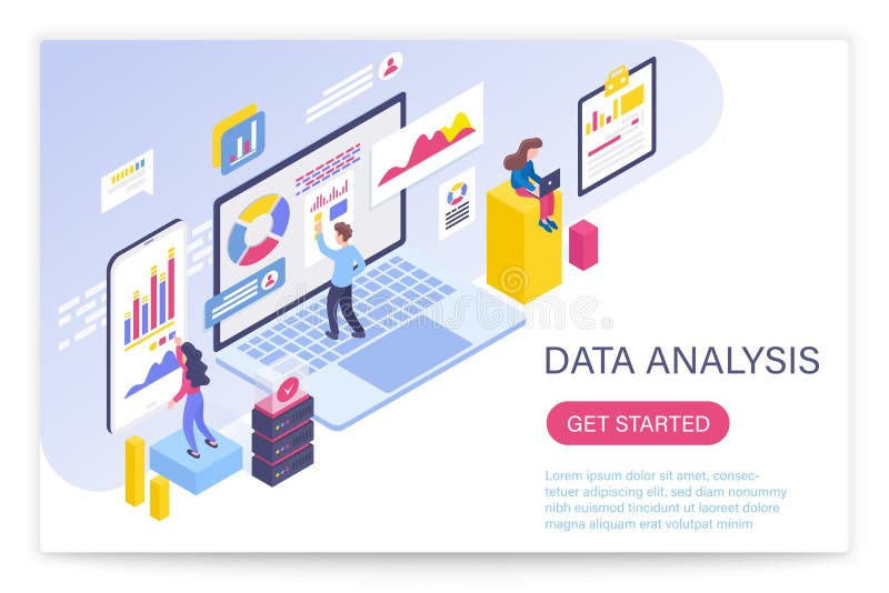 Data analysis process, big data concept 3d isometric vector illustration. People interacting with virtual screen charts and analyzing statistics. Data analysis process, big data concept 3d isometric vector illustration. People interacting with virtual screen charts and analyzing statistics