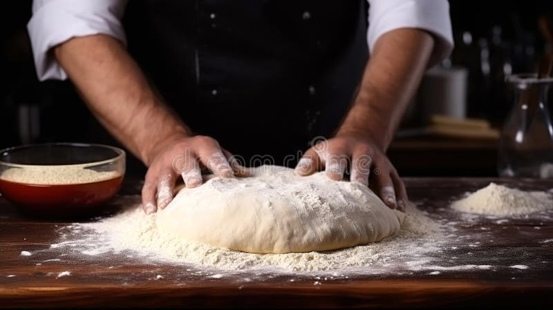διαδικασία προετοιμασίας της ζύμης στην κουζίνα. κλείσιμο αρσενικών χεριών που έχουν γονατίσει ζύμη σε ξύλινο τραπέζι ελεύθερη απεικόνιση δικαιώματος