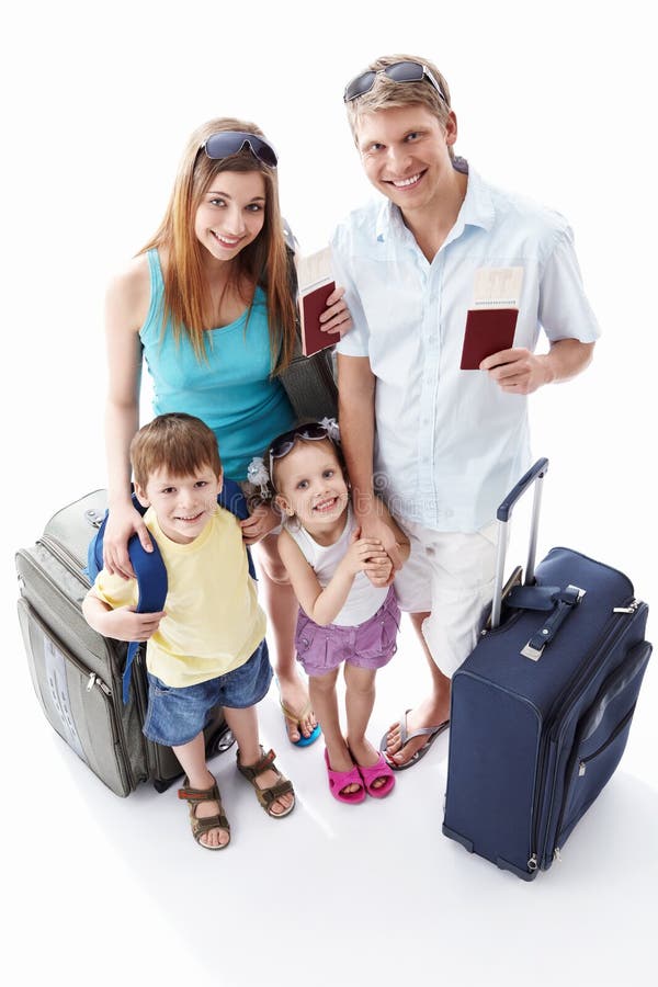 Families with passports and suitcases on a white background. Families with passports and suitcases on a white background