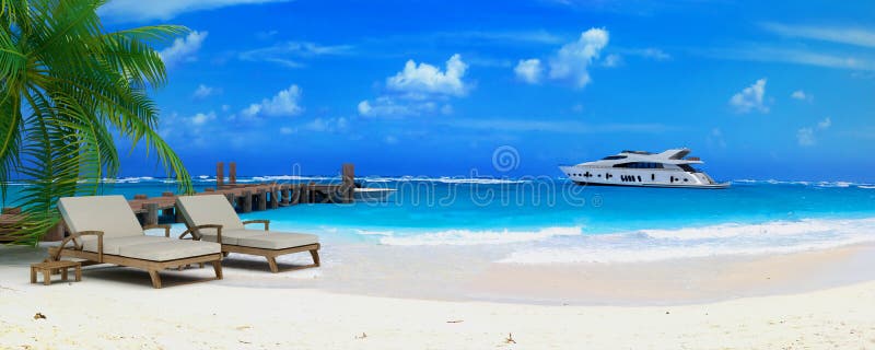 3D rendering of a pair of lounge chairs by a jetty on a tropical idyllic beach with a luxurious yacht passing by. 3D rendering of a pair of lounge chairs by a jetty on a tropical idyllic beach with a luxurious yacht passing by