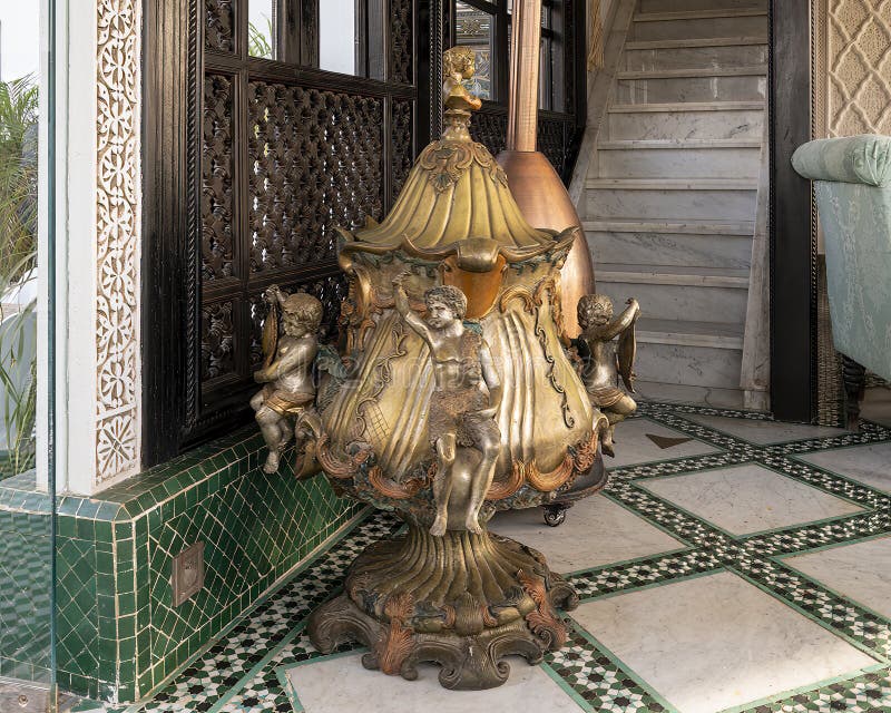 Pictured is a decorative bronze sculpture at the Riad Maison Bleue, a luxury boutique hotel in Fes, Morocco. The Riad Maison Bleue was created in a house dating from the 19th century whose former owner, was the late Moulay Bel Arbi El Alaoui, famous judge and professor of theology. Today the luxury boutique hotel it is managed by the El Abbadi`s family. Pictured is a decorative bronze sculpture at the Riad Maison Bleue, a luxury boutique hotel in Fes, Morocco. The Riad Maison Bleue was created in a house dating from the 19th century whose former owner, was the late Moulay Bel Arbi El Alaoui, famous judge and professor of theology. Today the luxury boutique hotel it is managed by the El Abbadi`s family.