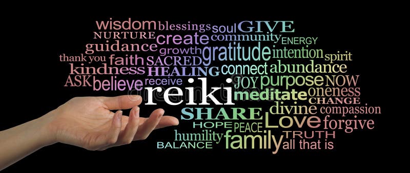 Female hand facing upwards, gesturing towards the word reiki, which is floating off within a word cloud of healing words graduated in pastel rainbow colors, on a wide black background. Female hand facing upwards, gesturing towards the word reiki, which is floating off within a word cloud of healing words graduated in pastel rainbow colors, on a wide black background