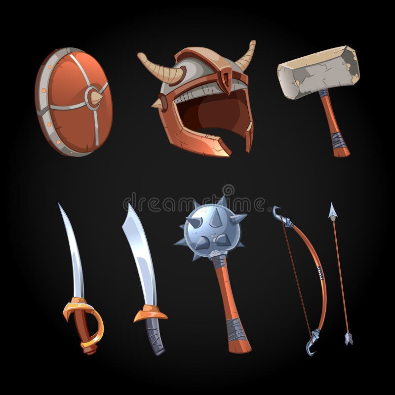 Cartoon fantasy weapons vector icons set. Mace and power dagger, ancient collection illustration. Cartoon fantasy weapons vector icons set. Mace and power dagger, ancient collection illustration