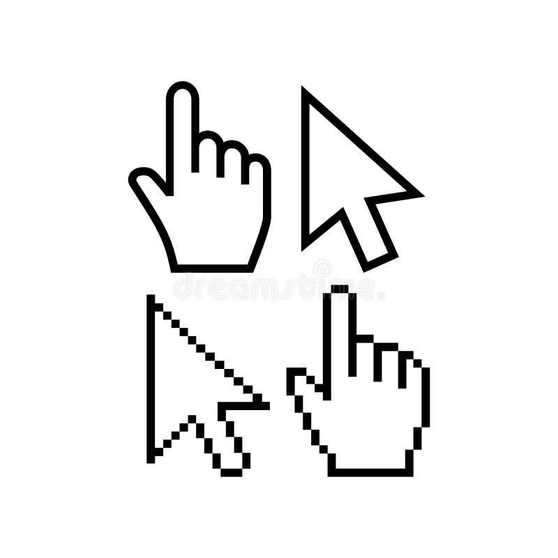 Mouse cursor vector icons. Hand cursor pointer icon, pixel and regular. Arrow poiner cursor icon, pixelated and regular, white fill color. Mouse cursor vector icons. Hand cursor pointer icon, pixel and regular. Arrow poiner cursor icon, pixelated and regular, white fill color.
