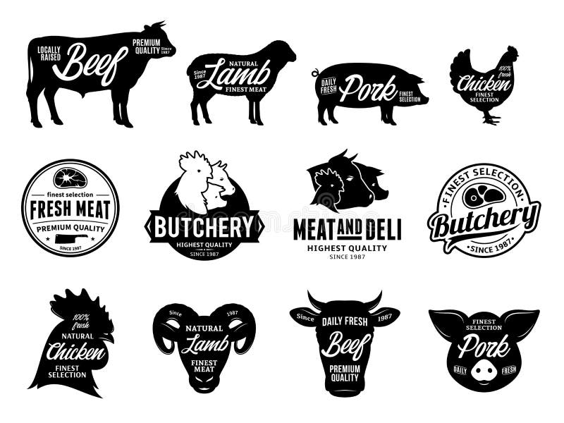 Set of vector butchery logo. Farm animals silhouettes and icons collection for groceries, meat stores, butcher`s shops, packaging and advertising. Set of vector butchery logo. Farm animals silhouettes and icons collection for groceries, meat stores, butcher`s shops, packaging and advertising.