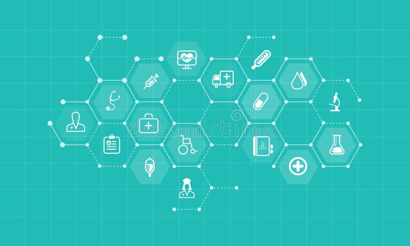 Διανυσματικά ιατρικά και υγειονομικά εικονίδια και φόντο επιχειρηματικού δικτύου απεικόνιση αποθεμάτων