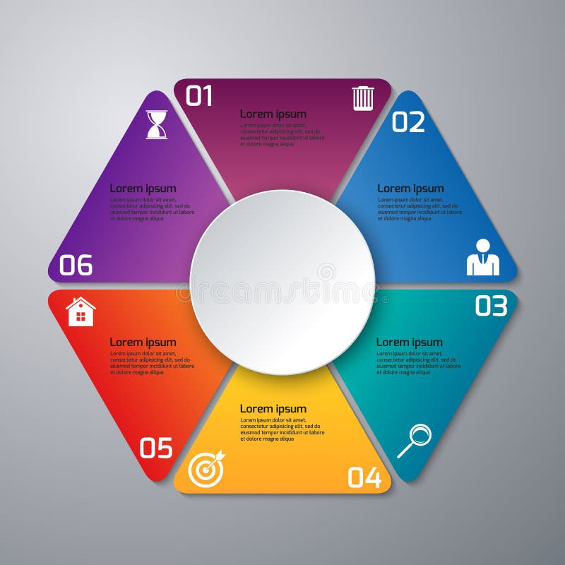 Διανυσματικά τρίγωνα infographics απεικόνισης, έξι επιλογές διανυσματική απεικόνιση Διανυσματικά τρίγωνα infographics απεικόνισης, έξι επιλογές διανυσματική απεικόνιση