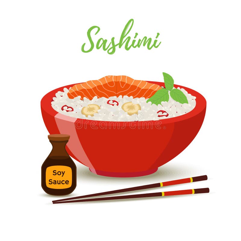 Διανυσματικά τρόφιμα της Ιαπωνίας - sashimi στο κόκκινο κύπελλο Σολομός ελεύθερη απεικόνιση δικαιώματος