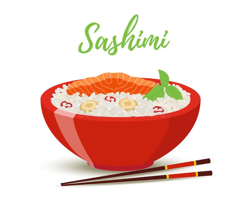Διανυσματικά τρόφιμα της Ιαπωνίας - sashimi στο κόκκινο κύπελλο Σολομός ελεύθερη απεικόνιση δικαιώματος