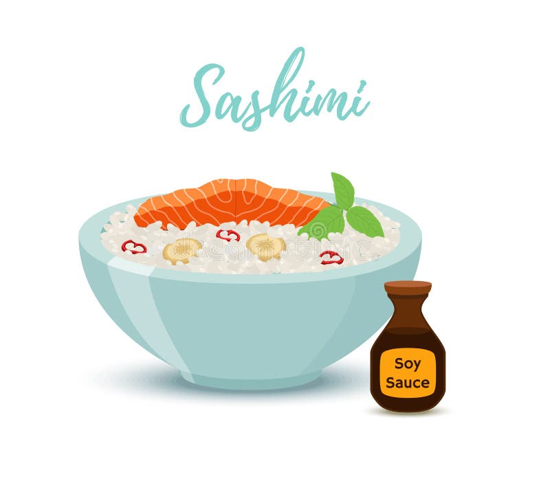 Διανυσματικά τρόφιμα της Ιαπωνίας - sashimi στο κόκκινο κύπελλο Σολομός ελεύθερη απεικόνιση δικαιώματος