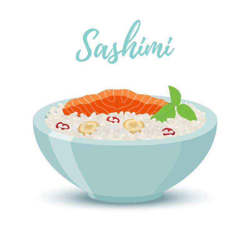 Διανυσματικά τρόφιμα της Ιαπωνίας - sashimi στο μπλε κύπελλο Σολομός διανυσματική απεικόνιση