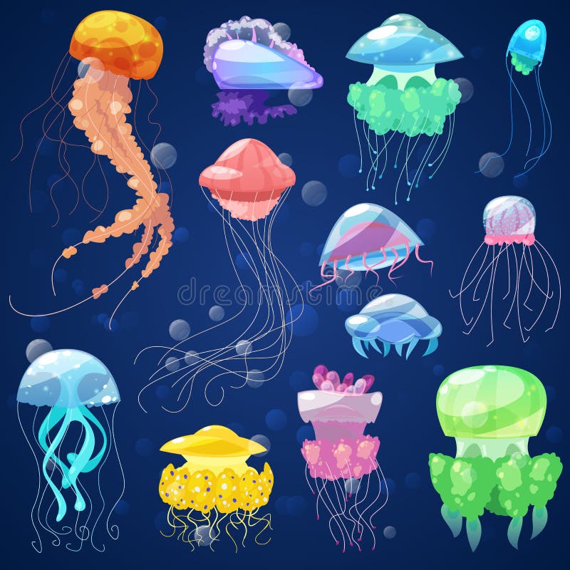 Διανυσματικά ωκεάνια jelly-fish μεδουσών και υποβρύχιο σύνολο απεικόνισης nettle-ψαριών jellylike καμμένος medusa ή ψαριών στη θά ελεύθερη απεικόνιση δικαιώματος