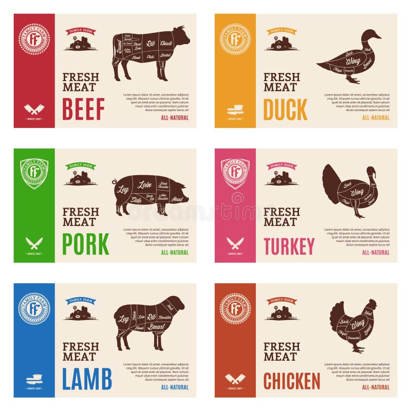 Vector butcher`s shop modern style labels. American US cuts of beef, pork, lamb, chicken, duck and turkey diagrams. Vector butcher`s shop modern style labels. American US cuts of beef, pork, lamb, chicken, duck and turkey diagrams