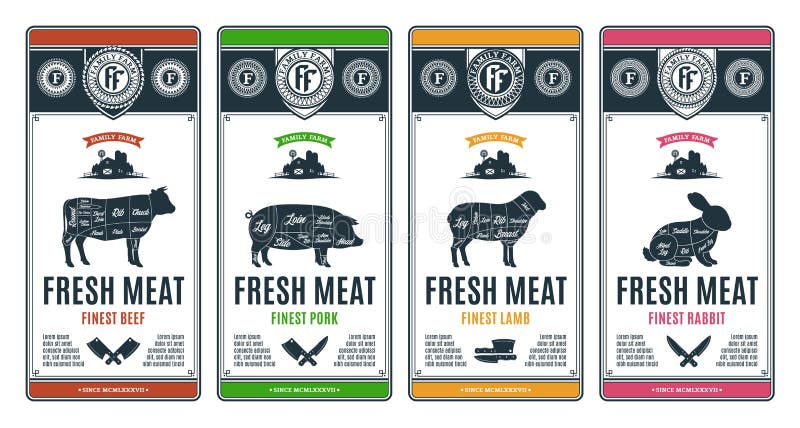 Vector butcher`s shop modern style labels. American US cuts of beef, pork, lamb and rabbit diagrams. Vector butcher`s shop modern style labels. American US cuts of beef, pork, lamb and rabbit diagrams